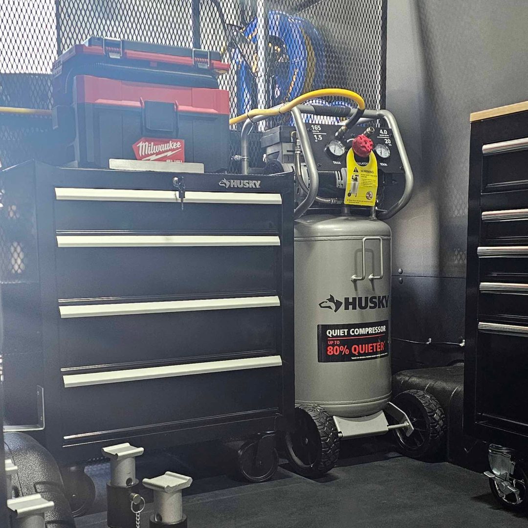 Husky tool boxes, quiet compressor and Milwaukee tools inside a build