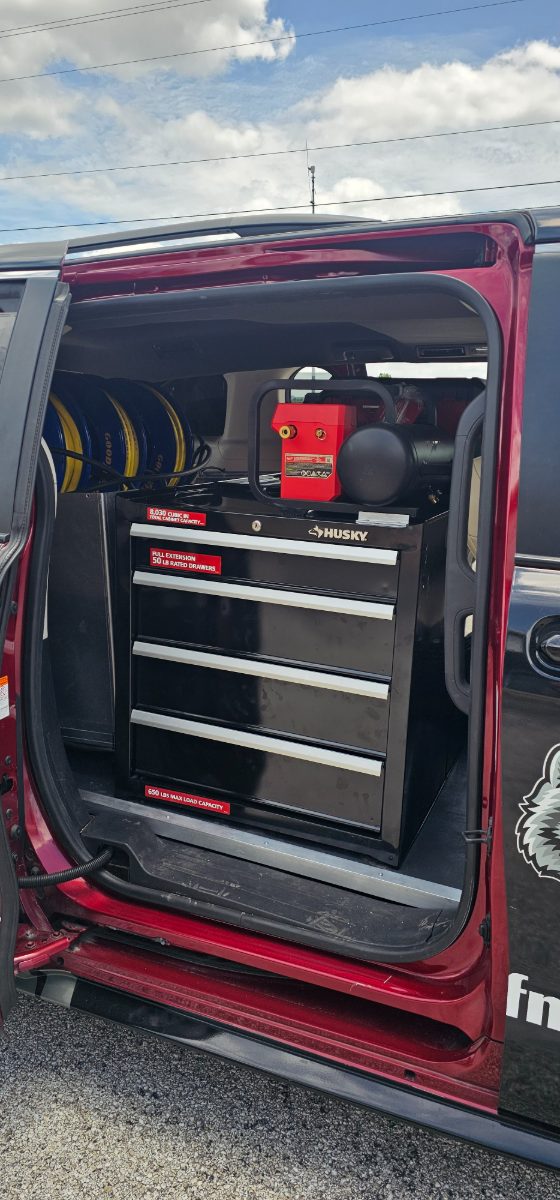 Husky drawers and quiet compressor through the side door